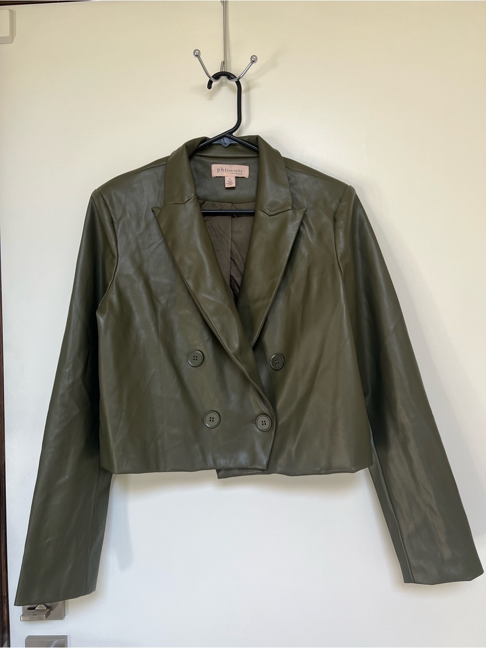 Philosophy olive faux leather cropped double-breasted blazer
